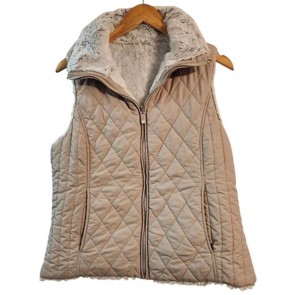 Weatherproof reversible gray faux fur tan Quilted vest full zip pockets medium - Picture 4 of 9